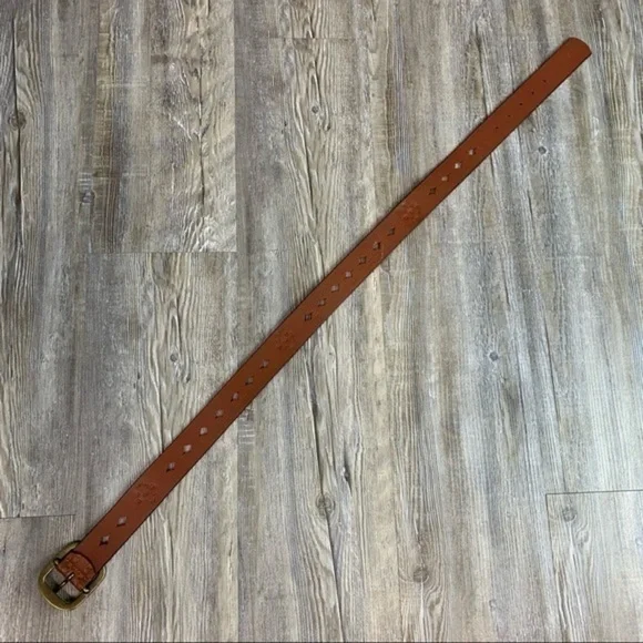 Brown Tooled Punched Leather Belt Gold Tone Metal Hardware and Stud Embellished - Picture 3 of 10